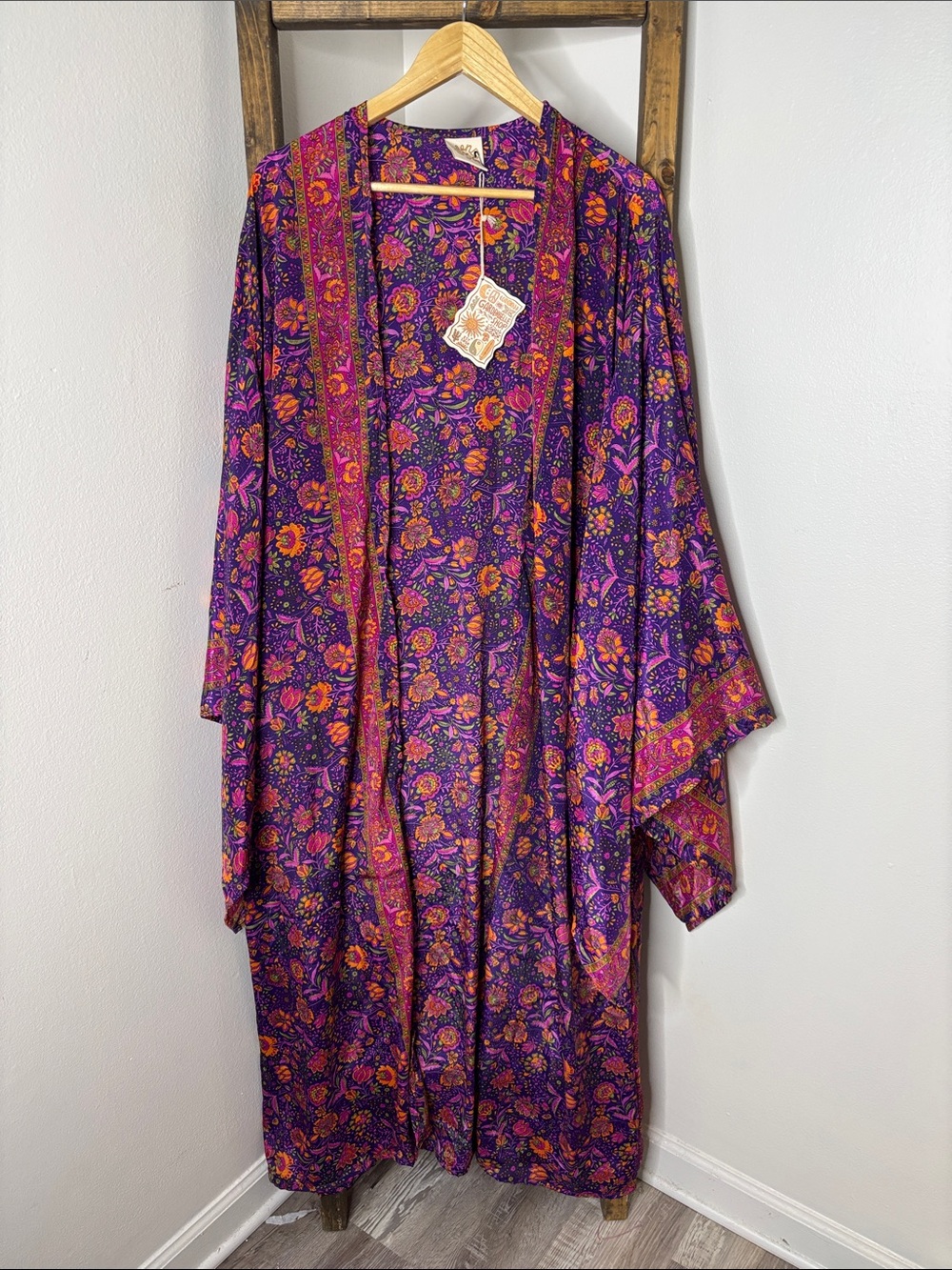 GardenBelle Purple Floral Open-Front Kimono Cardigan with Orange Accents OS